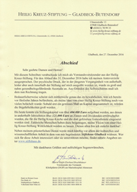 Stiftshaus Gladbeck | Rücktrittsschreiben von Pfarrer Brachthäuser als Vorstandsvorsitzender der Heilig Kreuz-Stiftung